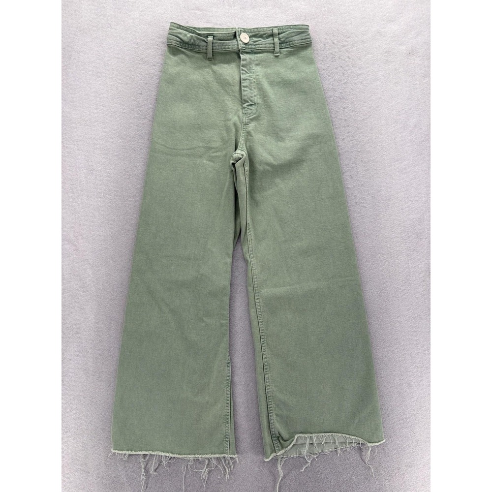 Zara Wide Leg Relaxed Jeans Womens 4 Green High Rise Frayed Hem Denim Casual